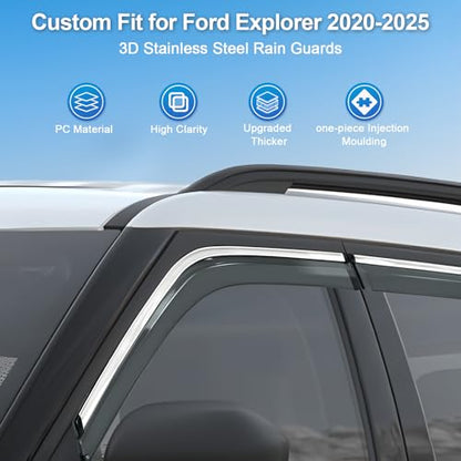Sze Rain Guards Compatible with 2020-2026 Ford Explorer Side Window Deflectors Anti-Rain Window Visors with Tape 304 Stainless Steel Trim–Noise Reduction & All-Weather Protection Outside Channel-4pcs - style: Ford Explorer 2020-2025