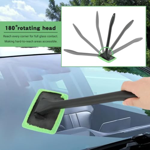Windshield Cleaner Tool, Car Window Cleaner with Extendable Handle,5 Reusable Microfiber Pads,Windshield Cleaning Tool,Auto Glass Wiper for Car Detailing,Home Windows(Green)