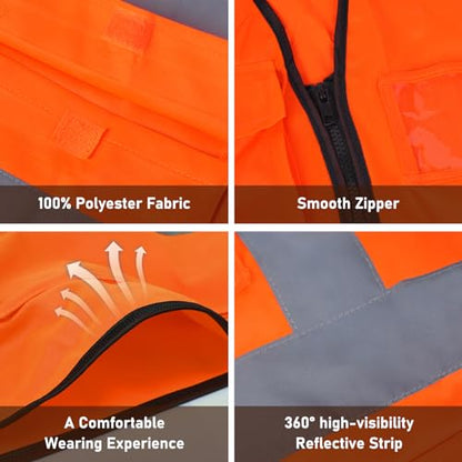 High Visibility Vest Safety Vest with Pockets and Zipper Meets ANSI/ISEA Standard(1 Pack 5 Pack) - color: Orange-red, size: 3X-Large