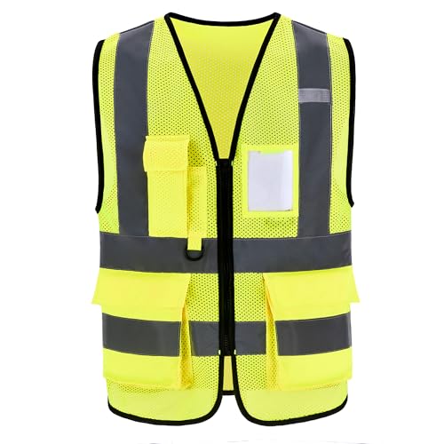 High Vis Safety Vest Reflective Strips, Multi-Pocket Design, Available in Yellow,Orange,black,Pink,blue,Red,purple - color: Yellow, size: 3X-Large