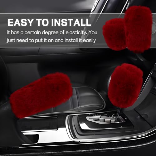 Hovom 2PCS Fluffy Car Gear Shift Knob Cover & Handbrake Cover, Soft Plush Hand Brake Handle & Gear Shift Cover for Women Girls, Universal Comfortable Warm Furry Car Accessories (Wine Red) - color: Wine Red