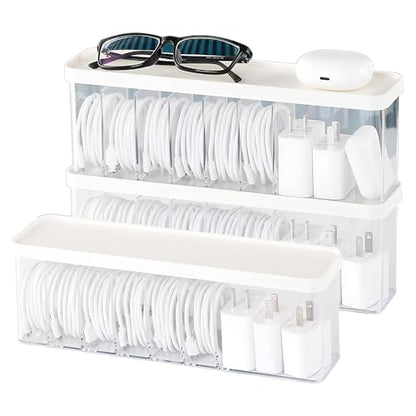 Charger Cable Cord Storage Organizer Box - 3 Pack With Lid - Easy Storage Without Cable Ties - style: Stackable,minimalist