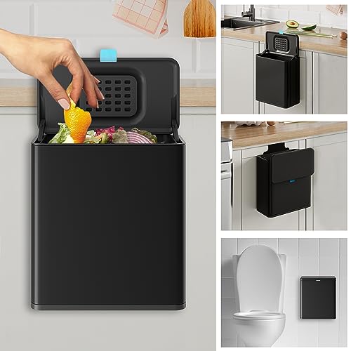 Stainless Steel Hanging Trash Can with Lid and Inner Bucket, 2 Gallon Kitchen Compost Bin for Counter Top, Under Sink or Wall Mount, Small Garbage Can for Cupboard/Bathroom/Bedroom/RV, Black - color: Black, size: 2 Gallon