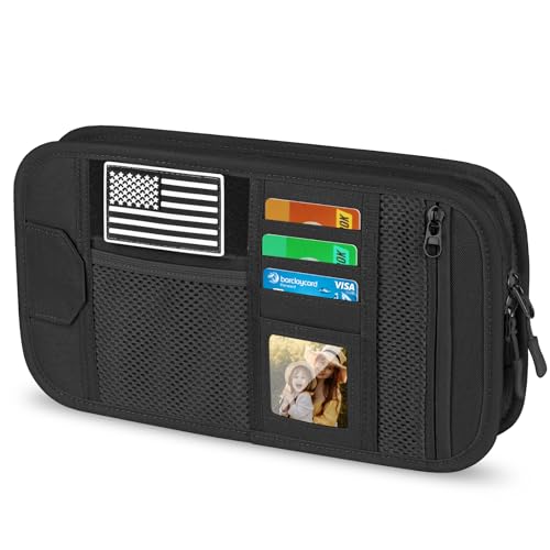 HUANLANG Car Sun Visor Organizer, Tactical Car Accessories with Zipper Storage Pouch, Glasses Clip Card Sleeve Pocket, Multi-Pocket Visor Organizer Fits Most Cars, SUVs, Trucks - color: Black