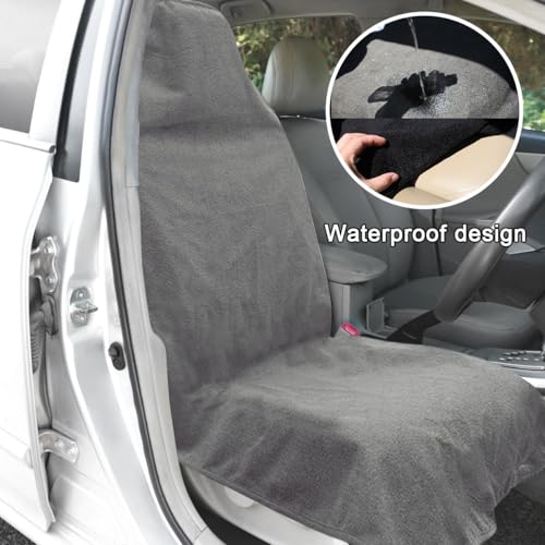 DXNQ Waterproof Car Towel Seat Cover, Sweating Non-Slip Premium Towel Carseat Cover Protector, Universal Soft Machine Washable Car Truck SUV Front Seat Cover for Gym Workout Beach Hiking (Gray) - color: Gray, 1pc, Front