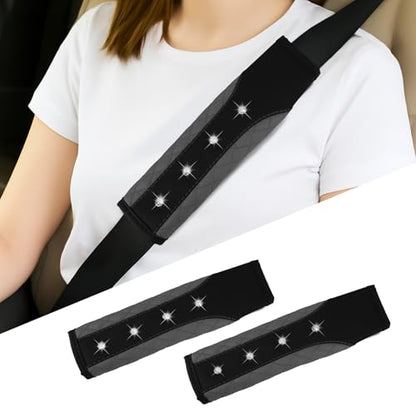 Hovom 2PCS Bling Car Seat Belt Cover Pad, Leather Seatbelt Covers for Cars, Soft Safety Seatbelt Shoulder Strap Covers, Rhinestone Auto Seat Belt Protector Cushion for Women Girls (Gray) - color: Gray