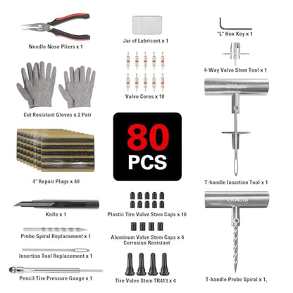 CKAuto Tire Plug Repair Kit, Heavy Duty Car Emergency Tool Kit for Flat Tire Puncture Repair, 80 Pcs Value Pack, Tire Patch Kit fit for Autos, Cars, Motorcycles, Trucks, RVs, etc. - size: 80 pcs
