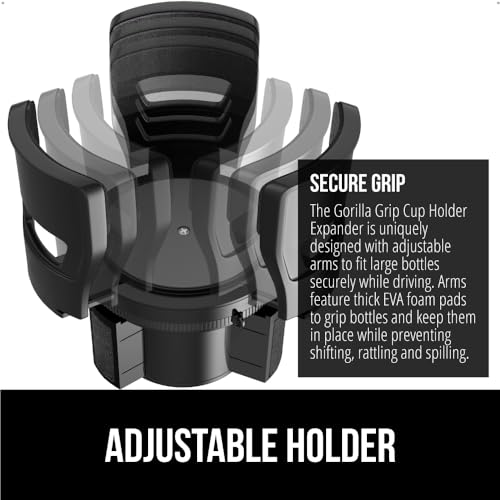 GORILLA GRIP Patent Pending Adjustable Car Cup Holder Expander, Keeps Water Bottle Secure, Expands to Fit 18 to 48 oz Large Bottles, Yeti, Owala, Stanley with Handle, Coffee Mug Insert for Cars, Black - color: Black