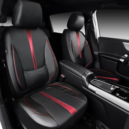 CAR PASS Nappa Leather Two Front Car Seat Covers, Water Resistant Faux PU Leather Seat Covers, 3D Foam Support Automotive Seat Covers Comfortable & Durable Universal Fit for Cars SUV Truck, Black Red - color: Black and Red, size: Two Front