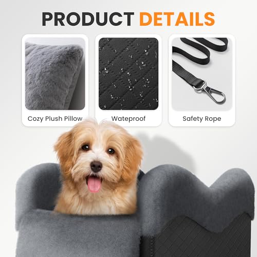 Portable Small Dog Seat for Car, Luxury Center Console Dog Car Seat Booster with Safety Tethers, Anti-Collapse Pet Travel Carseat for SUV, Truck (Black/Grey) - color: Black/Dark Gery
