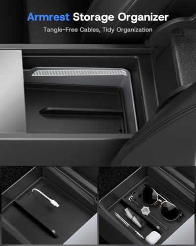 Center Console Organizer Tray for 2025 2026 Tesla Model Y Juniper (Premium & Performance) & All Model 3 Highland, Durable PC +Silent Silicone Liner Armrest Storage Box Wireless Charging Pad 4PCS - size: Model Y Juniper & Model 3 Highland