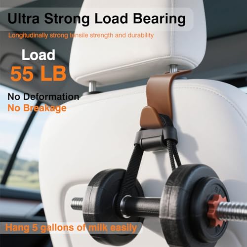 Car Seat Hooks & Purse Holder - 4 Pack Boxed,55 lb Heavy Duty,Eco PP Car Hooks for Purse/Bag/Baby Gear/Gym Bag/Groceries/Cup/,Fits 0.32-0.55”Car Headrest Rods (Brown) - color: Brown