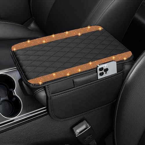 NBTEPEM Bling Car Center Console Cover, Leather Car Arm Rest Cover Cushion with 2 Storage Bags, Universal Auto Armrest Protector Storage Box, Bling Accessories Interior for Most Vehicles (Orange) - color: Orange Diamond