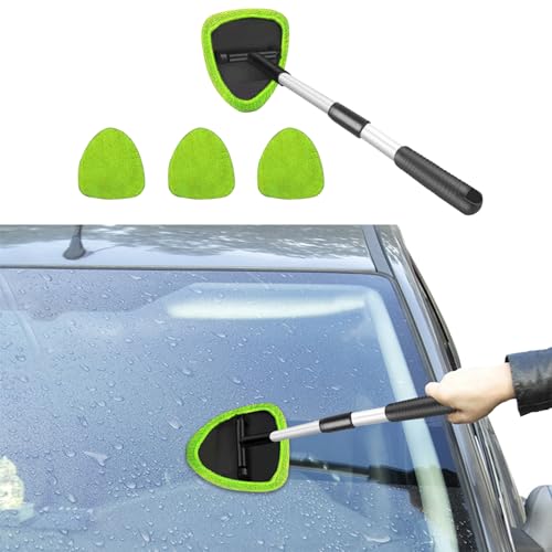 Windshield Cleaning Tool, Car Window Cleaner with 4 Washable Reusable Microfiber Pads, Auto Interior Exterior Extendable Long Handle Glass Wiper Cleaning Kit Universal for Office and Home (Green) - color: Green