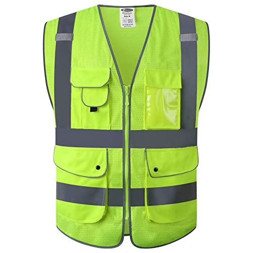 JKSafety 9 Pockets High Visibility Safety Vest for Men and Women, Hi-Vis Reflective Yellow Safety Vests with Zipper Front, Meet ANSI/ISEA Class 2 Type R(159-Yellow M) - color: Jk159-yellow, size: Medium
