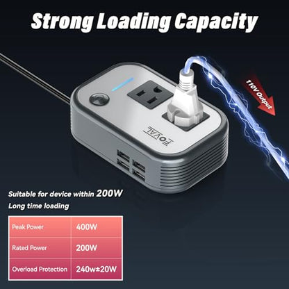 200W Car Power Inverter, FOVAL 12V DC to 110V AC Car Inverte with 4 USB Ports Car Outlet Adapter, Power Inverter for Vehicles, Car Plug Adapter Outlet for Laptop Computer Charger (Gray) - color: Grey