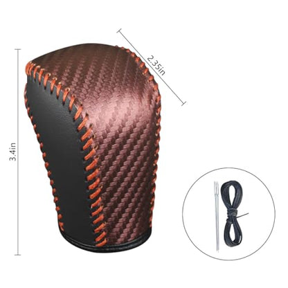 Bittwee Carbon Fiber Car Gear Shift Knob Cover, Leather Vehicle Stick Shifting Protector with Needle & Thread, Stylish Auto Shifter Knob Guard, Compatible with Inspire Crider Integra (Brown) - color: Brown