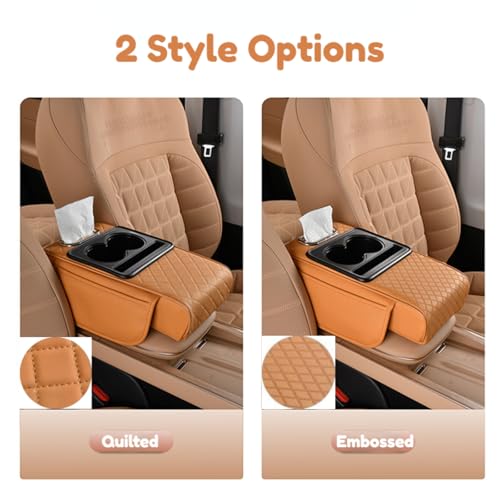 Car Center Console Pad Leather Armrest Pad w/Cup Holder, Tissue Box Slot, Side Bag, Phone Slot for Car Sedans (Embossed, Coffee) - color: Coffee, style: Embossed
