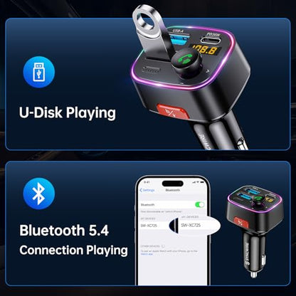 Syncwire Bluetooth 5.4 FM Transmitter Car Adapter 48W (PD 36W & 12W) [Light Switch] [HiFi Bass Sound] [Fast Charging] Wireless Radio Music Adapter LED Display Hands-Free Calling Support USB Drive - color: Black, style: 48W