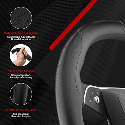 Ultra-Thin Nappa Leather Steering Wheel Cover for Tesla Model 3/Y 2016-2025, Non-Slip Textured Breathable Tesla Model 3/Y Steering Wheel Protector - color: Black