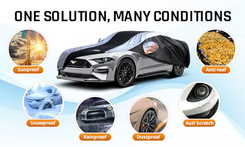 Mustang Car Cover Waterproof All Weather with Silver Strip Design, Custom Fit for Ford Mustang 1994–2025, Mustang Accessory with Door Zipper & Windproof Straps - size: Custom Fit Ford Mustang