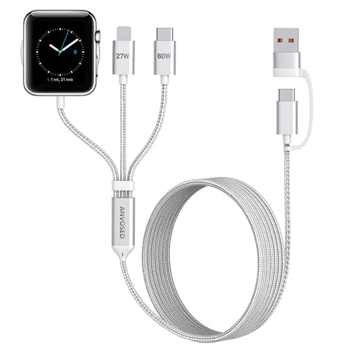 60W Fast Charging Cable for Apple Watch Charger, 6-in-1 Portable Multi Charging Cable for iPhone, Apple Watch Series 1–11/SE/Ultra, Travel Essentials - color: White