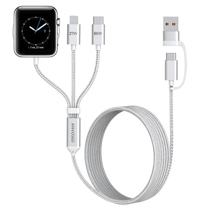 60W Fast Charging Cable for Apple Watch Charger, 6-in-1 Portable Multi Charging Cable for iPhone, Apple Watch Series 1–11/SE/Ultra, Travel Essentials - color: White