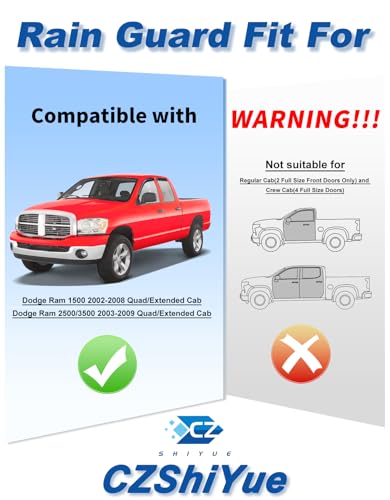 Tape-on Rain Guards Fit for Dodge Ram 1500 Quad Cab 2002-2008&Ram 2500/3500 2003-2009 Extended Cab Window Rain Guard Extra-Thick Deflectors Truck Window Vent Visors Shades Car Accessories - size: 2002-2008 Ram 1500 Quad Cab&2003-2009 2500/3500