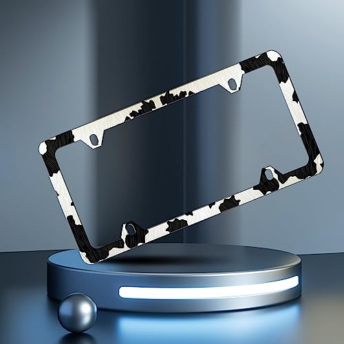 Cow Print License Plate Frame Animal License Plate Frames Personalise Stainless Steel Funny Design Compatible with Standard License Plate Holder for USA and Canada 6 X 12 with Screws - color: Cow Print