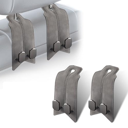 2Pcs Car Headrest Hooks with Premium Leather, Upgraded Double Metal Hooks with Anti-Drop Design, Universal Back Seat Hanger for Bags, Coats, Purses and Groceries (Classic Gray) - color: Classic Gray 2Pcs