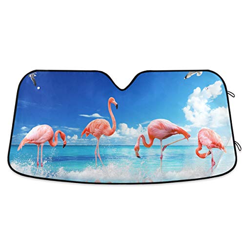 Flamingo in Ocean Seagull Sky Car Windshield Sun Shade Block UV Rays Sun Visor Protector Accordion Folding Sunshade Keep Vehicle Cool&Damage Free, Easy to Use, Fits Windshields of Various Sizes - color: Multicolor-flamingo ocean