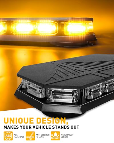 HLauto 406D Rooftop Emergency Strobe Lights Bar, 102 LED Amber Mini Beacon Safety Flashing Warning Traffic Lights Bar w/Magnetic Base for 12-24V Trucks, Construction Vehicles, Snowplow, Cars - color: Amber