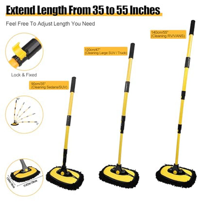 Car Wash Brush with Long Handle, 55 inch Car Wash Mop Car Wash Kit Mitt Retractable Bent Pole Car Wash Brush for Cars RV Truck Boat
