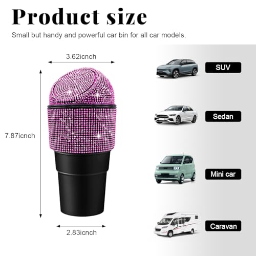 Yourkar Bling Car Trash Can with Lid, Sparkling Crystal Auto Garbage Can with Leak-Proof Lid, Multipurpose Waterproof Trash Bin for Automotive Home Office Kitchen Bedroom (Pink) - color: Pink