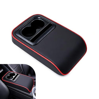 Car Middle Center Console Cover with Cup Holder, Leather Car Armrest Cover, Multi-functional Armrest Storage Pad, Universal for Most Vehicles (Black & Red) - color: Red