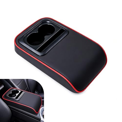 Car Middle Center Console Cover with Cup Holder, Leather Car Armrest Cover, Multi-functional Armrest Storage Pad, Universal for Most Vehicles (Black & Red) - color: Red
