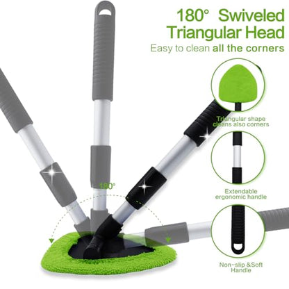 Windshield Cleaner Tool 22.5" L - Car Interior&Exterior Window Cleaning Kit with Extendable Handle&4 Microfiber Pads and Thick Large Wash Sponge, Auto Glass Wiper Brush Kit for Cars Home (7pcs Green) - color: Green