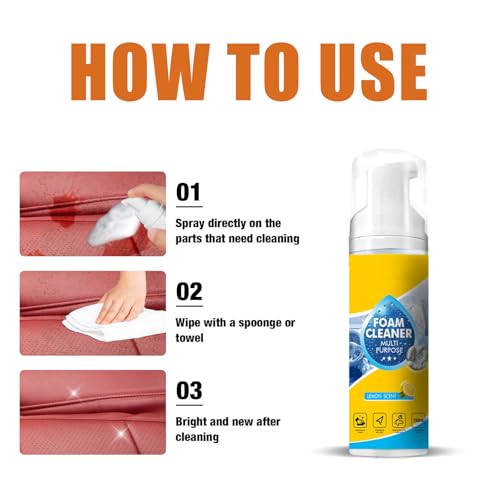 4-In-1 Multi-Enzyme Foam Cleaner,Foam Cleaner Multi Purpose,Powerful & Multipurpose Car Interior Foam Cleaners,Lemon Fresh Scent,Deep Clean Car,Kitchen,Bathroom,Sofa