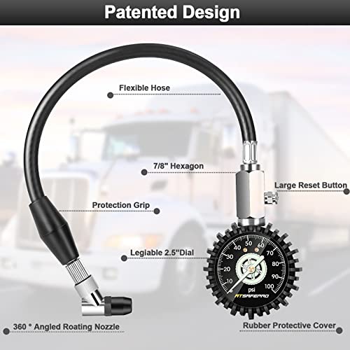 Tire Pressure Gauge 100psi Glow in The Dark, ATsafepro 2.5” Dial Mechanical Tire Gauges for Tire Pressure, Certificated Accuracy Analog Air Pressure Gauge for Cars, Trucks, Bicycles. - size: 100PSI