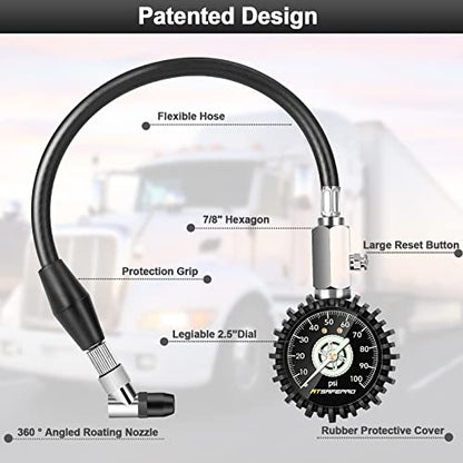 Tire Pressure Gauge 100psi Glow in The Dark, ATsafepro 2.5” Dial Mechanical Tire Gauges for Tire Pressure, Certificated Accuracy Analog Air Pressure Gauge for Cars, Trucks, Bicycles. - size: 100PSI