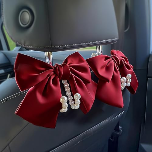 2 PCS Bow Pearl Car Seat Headrest Hook – Cute Purse Hook for Car, Girly Interior Decoration Accessories Hook Hanger, Seatback Holder for Purses & Bags, Elegant Car Organizer (Red) - color: Red