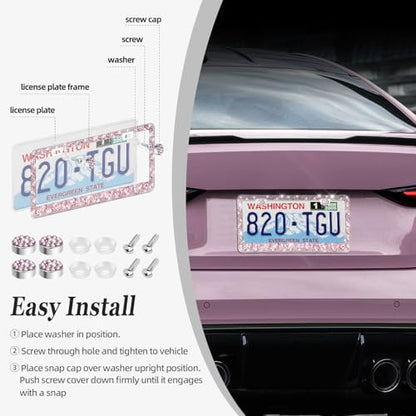 OKLPF Rhinestone Bling License Plate Frames for Women - Sparkle with Glitter Crystals & Diamond Bedazzled License Plate Cover, Fits Standard US Plates, Comes with Anti-Theft Screws & Gift Box(Pink) - color: Pink, size: 2pc