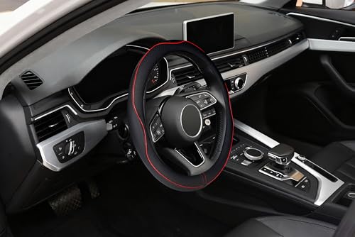 LABBYWAY Microfiber Leather Steering Wheel Cover, Universal 14.5-15 Inch,Anti Slip,Heavy Duty, Thick,Soft,Breathable Car Interior Accessories for Men Women (Black with Red line) - color: Black with Red Line