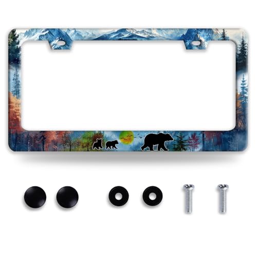 Personalized Bears License Plate Frame Stainless Steel Mountains Forest License Plate Holder Funny Camping Car Decorative Parts for Standard Us Canada Vehicles 12.3 x 6.3 Inch - color: Watercolor Bears Mountains
