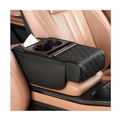 Car Armrest Cushion, 5-in-1 Nappa Leather Vehicle Centre Console Cover with 2 Storage Pockets, Cup Phone & Phone Holder, Multifunctional Auto Organiser Accessories, Universal Fit (Black) - color: Black