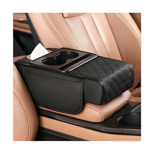 Car Armrest Cushion, 5-in-1 Nappa Leather Vehicle Centre Console Cover with 2 Storage Pockets, Cup Phone & Phone Holder, Multifunctional Auto Organiser Accessories, Universal Fit (Black) - color: Black
