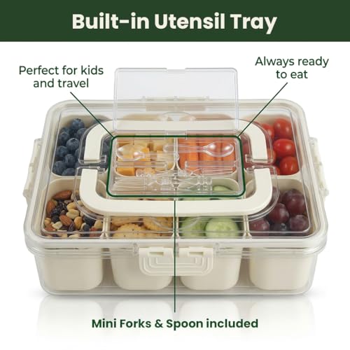 Snackle Box Container 2 Pack | Snack Box Container with Lid, BPA-Free 8-Compartment Divided Serving Tray & Snack Tray with Built-In Utensil Tray | Snack Tackle Box Organizer for Adults & Kids