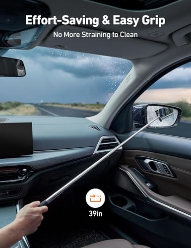 AstroAI Car Windshield Cleaner Tool, Window Cleaning Kit with 39in Car Mirror Squeegee, 4 Reusable Microfiber Pads and Extendable Handle, Blue - style: with a Mirror Squeegee
