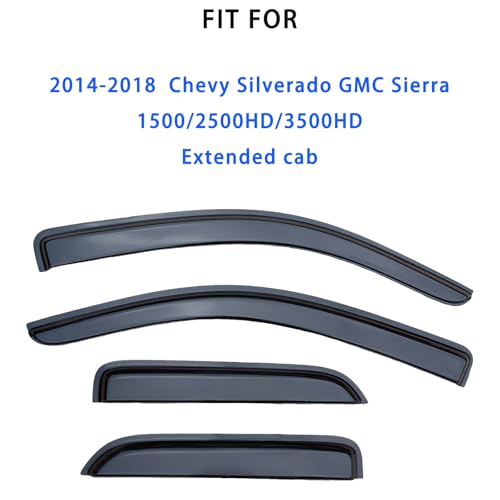 Window Visors Rain Guards for 2014-2018 Chevrolet(Chevy) Silverado & GMC Sierra 1500/2500HD/3500HD Extended Cab, Tape On Outside Mount Wind Deflectors Vent Shades Dark Smoke, 4PCS Set - size: For Silverado/Sierra Extended Cab 2014-2018
