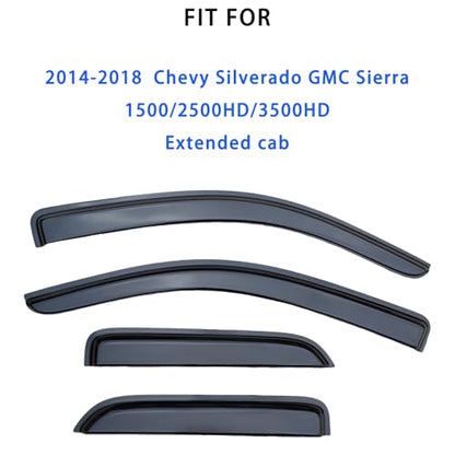 Window Visors Rain Guards for 2014-2018 Chevrolet(Chevy) Silverado & GMC Sierra 1500/2500HD/3500HD Extended Cab, Tape On Outside Mount Wind Deflectors Vent Shades Dark Smoke, 4PCS Set - size: For Silverado/Sierra Extended Cab 2014-2018